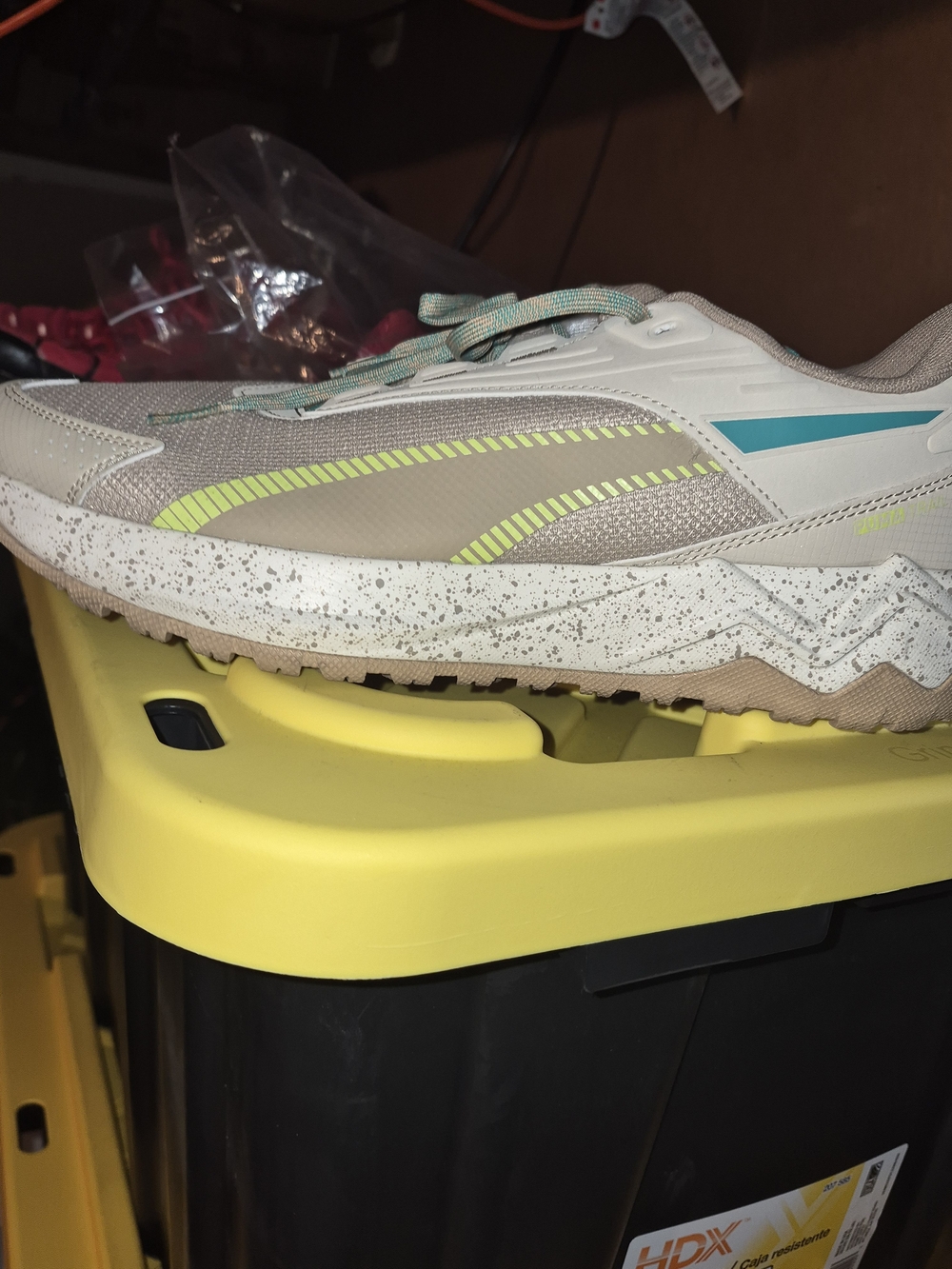 Puma Beige White Teal Neon Green Accent Sneakers